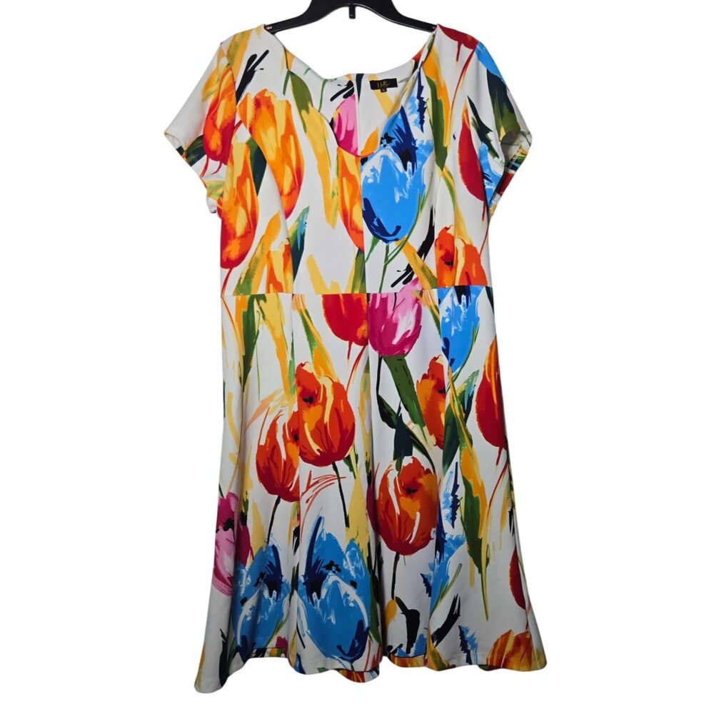 ILE New York Womens Floral Short Sleeve Midi Dress Size 16 Boho‎ Easter Spring